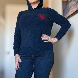 Barefoot Dreams Navy Hooded Knit Pullover with Red Heart Motif